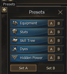 In-game presets interface for Equipment, Stats, Skill Tree, Dyes and Hidden Power
